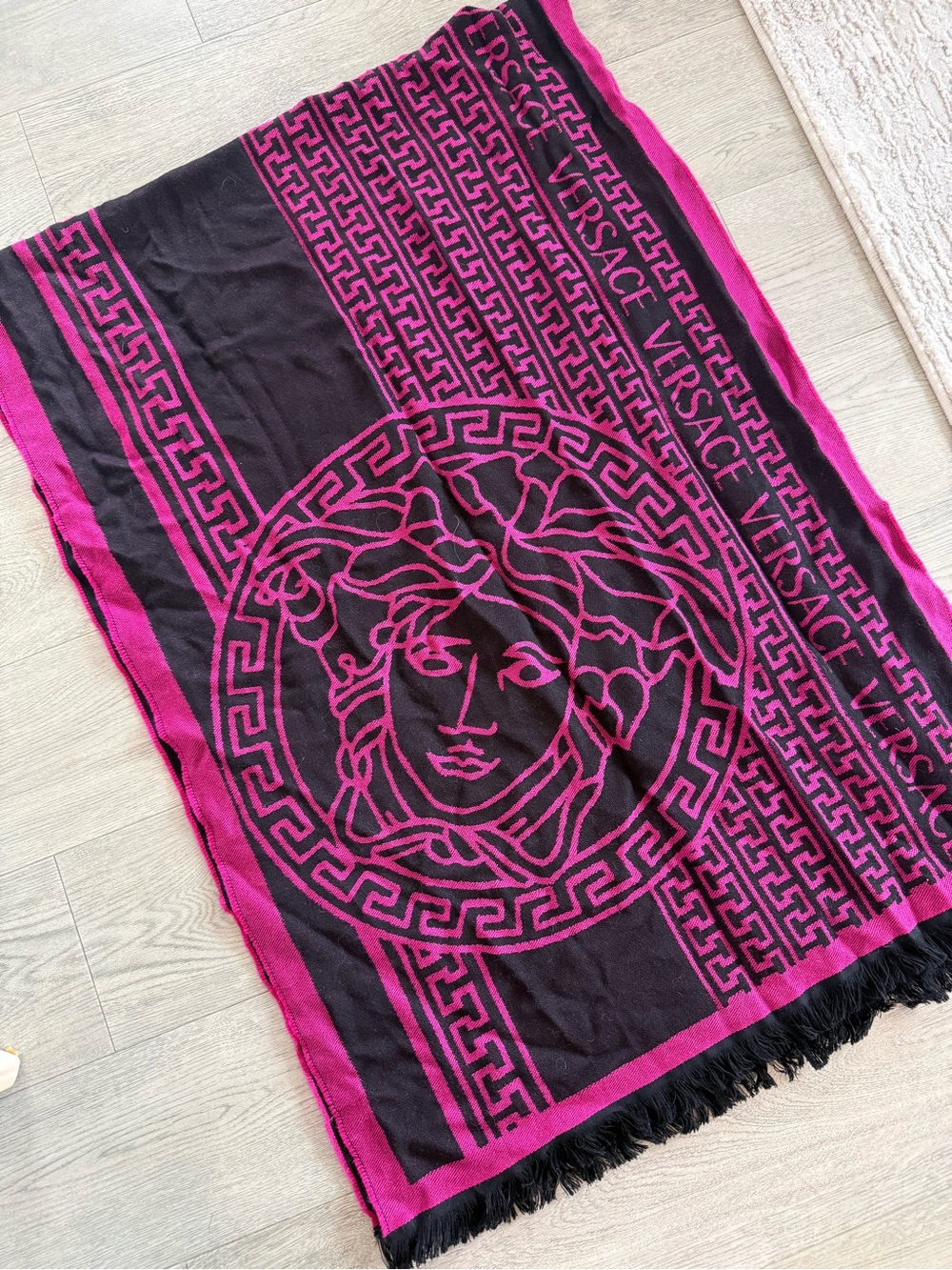 Versace Black and Hot Pink Medusa Jacquard Scarf
